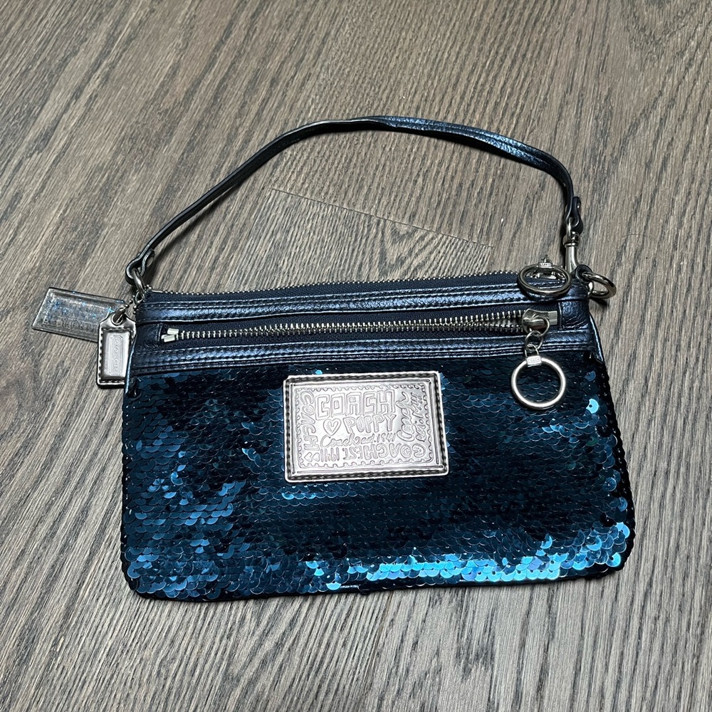 Navy sequinned Coach Wristlet